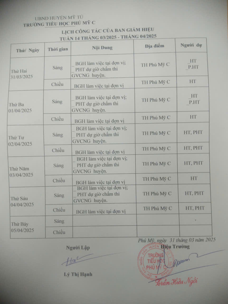 LỊCH CÔNG TÁC BGH TRƯỜNG TH PHÚ MỸ C